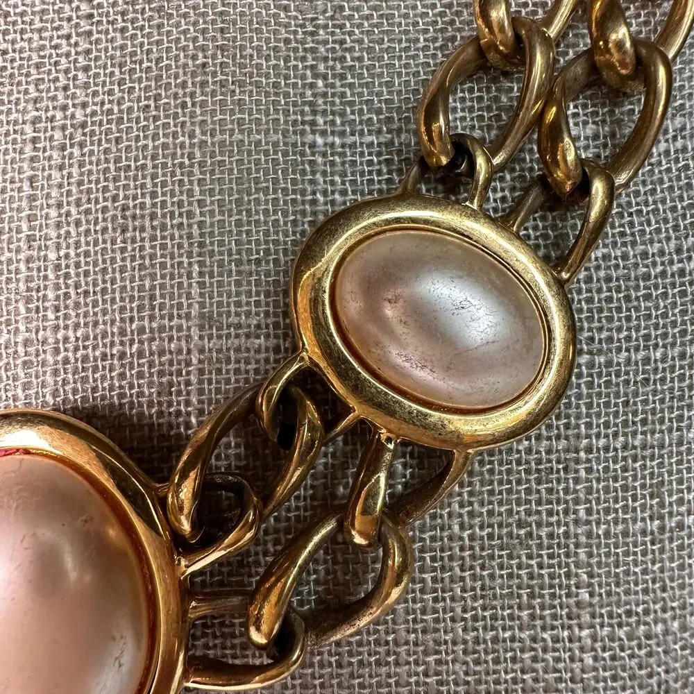 Vintage Napier Double Chain Cream Faux Pearl Choker Necklace 16.5
